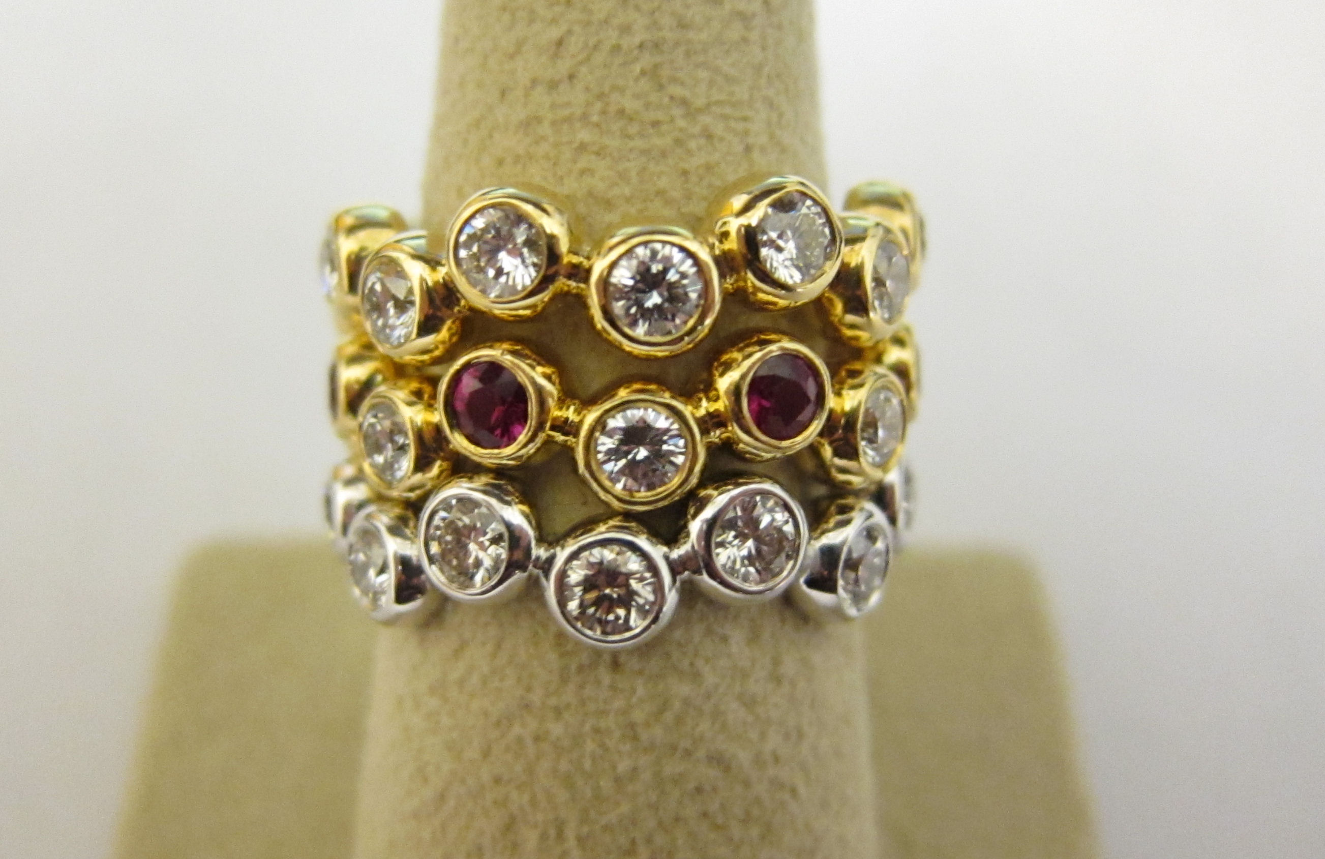Ruby and Diamond Two Yellow Gold One White Gold Round